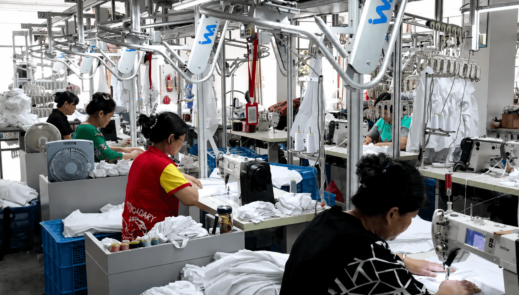 Garment sewing workshop with workers and production line equipment
