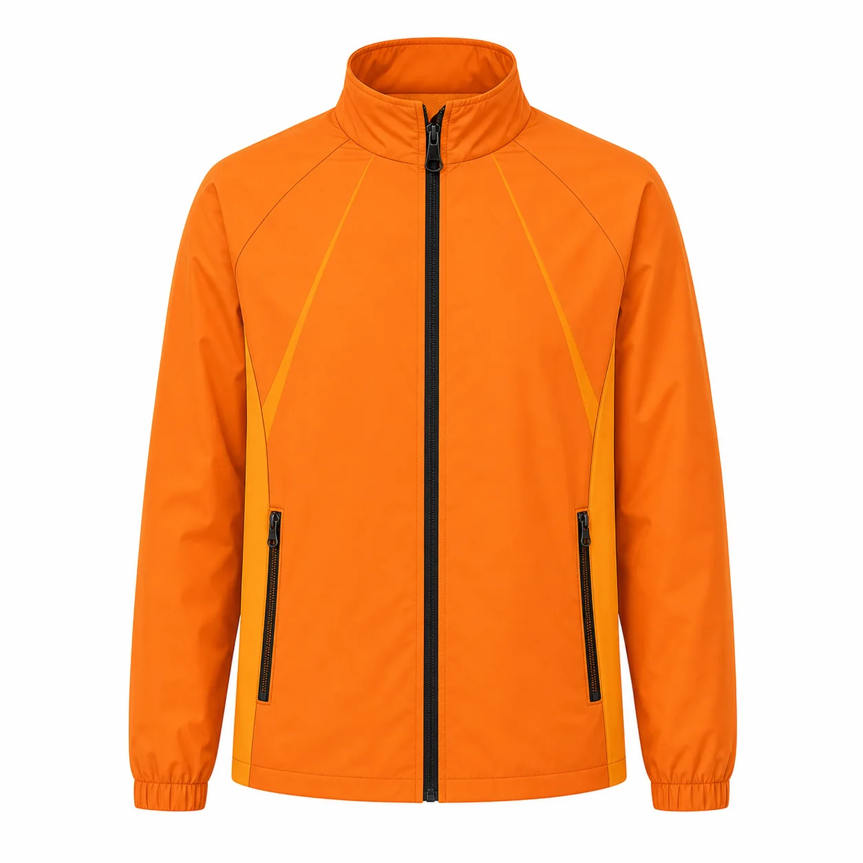 Orange lightweight windbreaker jacket sample for B2B outerwear manufacturing