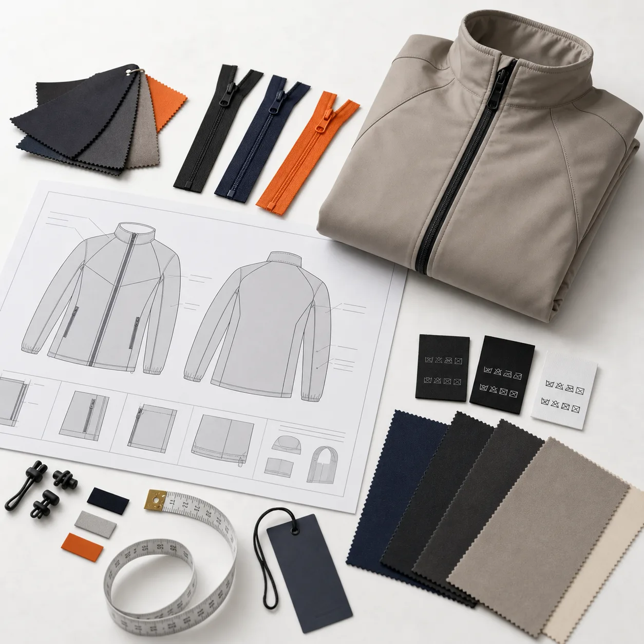 OEM ODM jacket development with tech pack, fabric swatches and trim sourcing